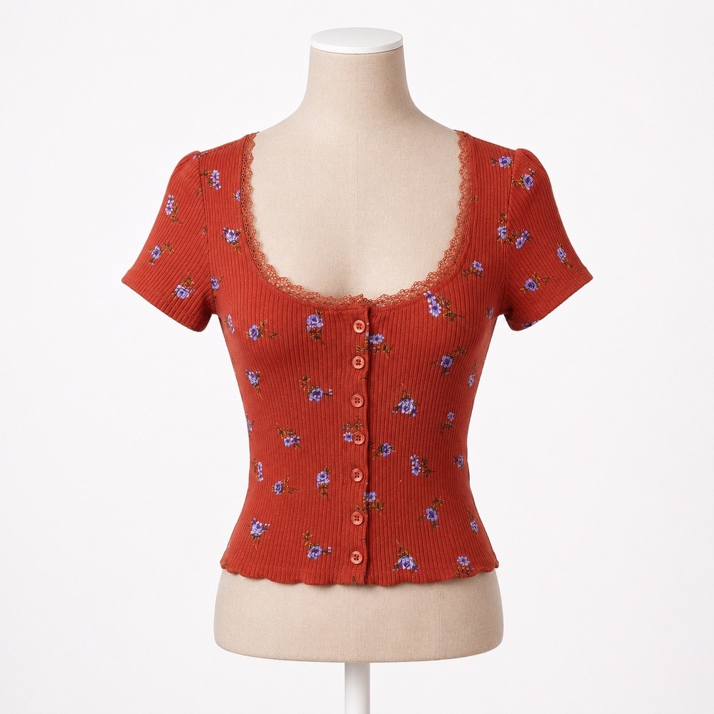 Forever 21 Floral Ribbed Lace Peasant Top Size S Orange Boho Cottagecore Button